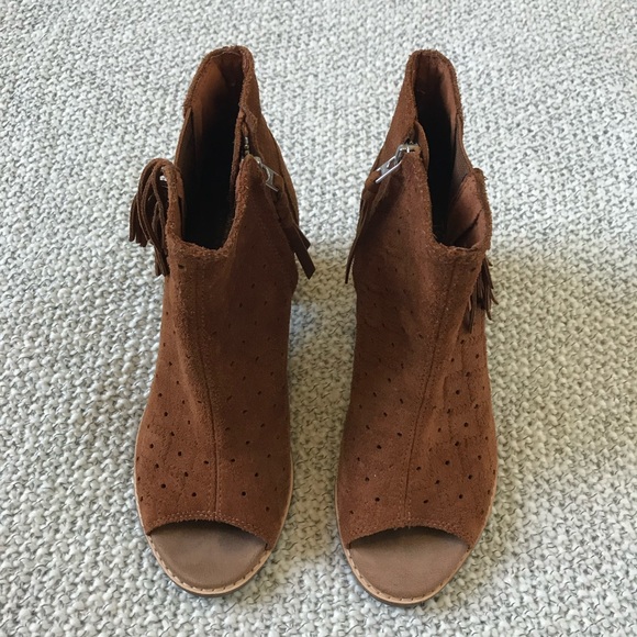 TOMS Majorca Fringe Suede Peep Toe Bootie - Picture 3 of 10